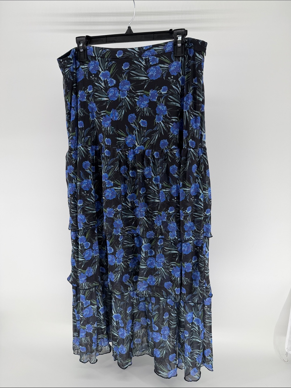 Nicole Miller Black Maxi ruffled tiered skirt with Blue Floral Print